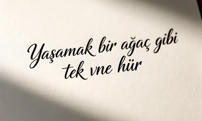 Generated image intended to read Yaşamak bir ağaç gibi tek ve hür