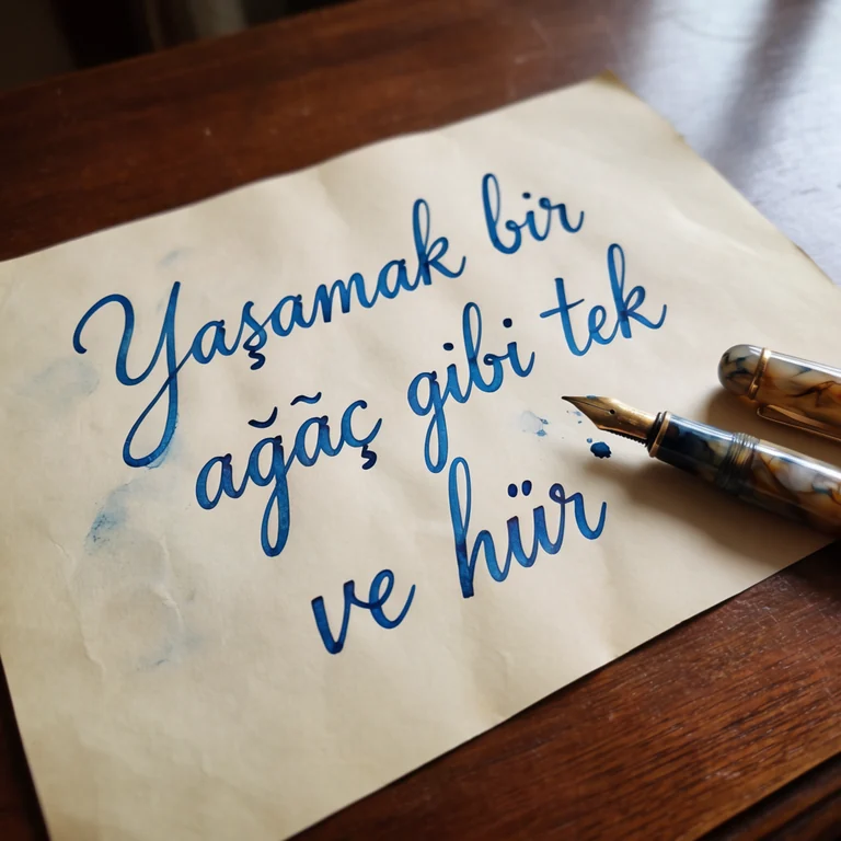 Generated image intended to read Yaşamak bir ağaç gibi tek ve hür